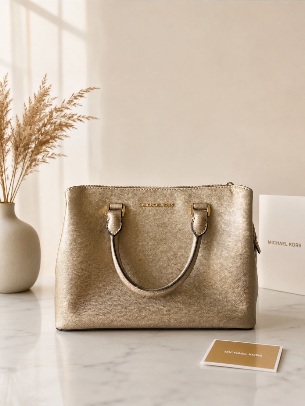 Michael Kors Gold Saffiano Leather Satchel